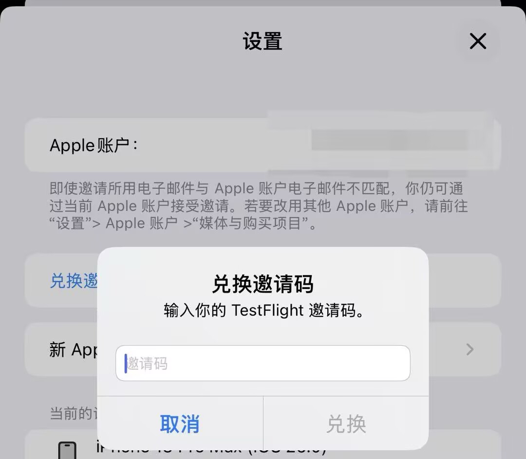 TestFlight 输入 8 位码兑换截图